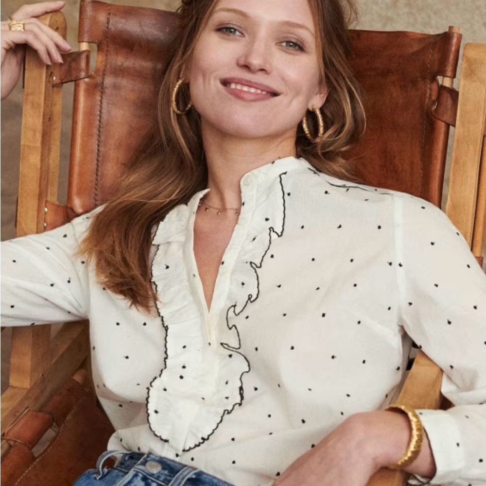 Sezane White Ruffled Dot-Print Blouse with Black Trim